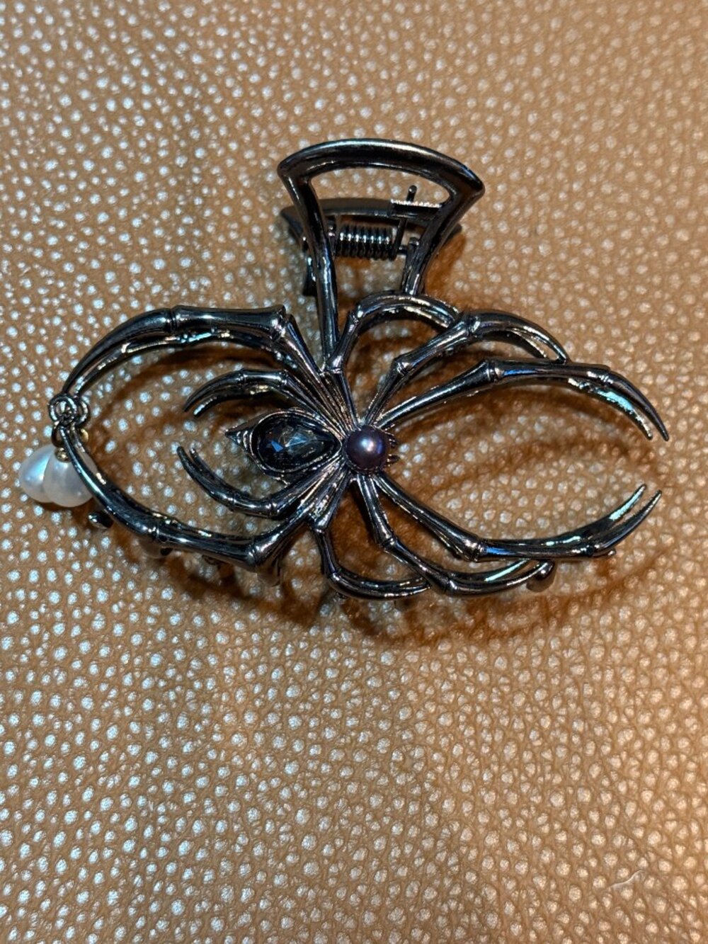 2pc Metal Spider Large Hair Bun Clip w/dangling pearl accents and Rhinestone